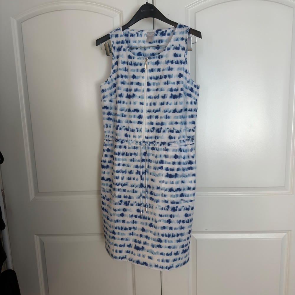 Chicos Zenergy Blue White Tie Dye Stripe Half Zip Sleeveless Pocket Dress Size 1